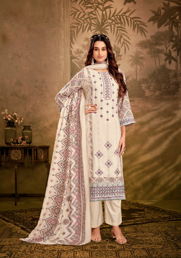 Ladyline Partywear Ivory Rayon Salwar Kameez Womens Embroidered Sequins with Back Printed