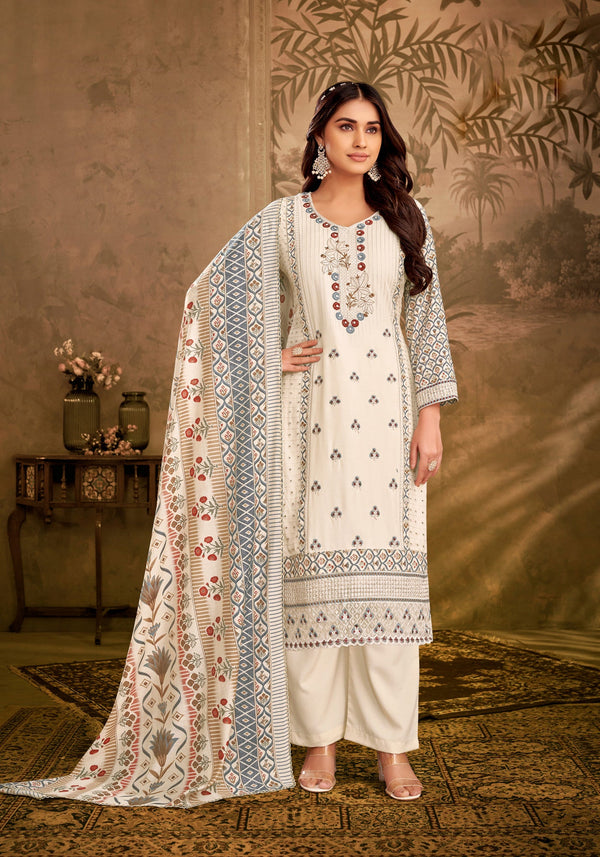 Ladyline Partywear Ivory Rayon Salwar Kameez Womens Embroidered Sequins with Back Printed