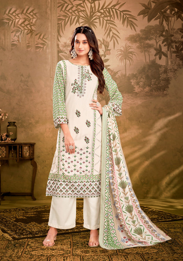 Ladyline Partywear Ivory Rayon Salwar Kameez Womens Embroidered Sequins with Back Printed