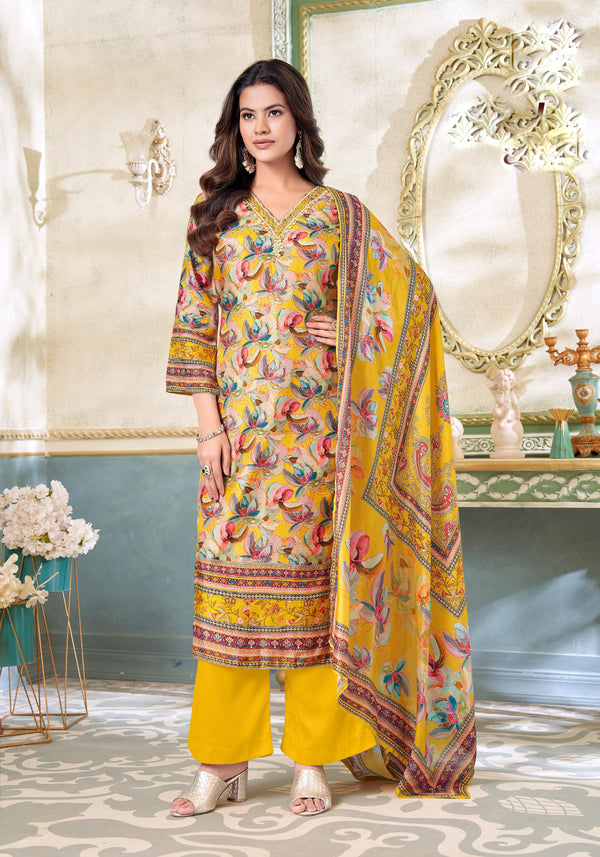 Maslin Silk Floral Printed Salwar Kameez Set with Hand Work