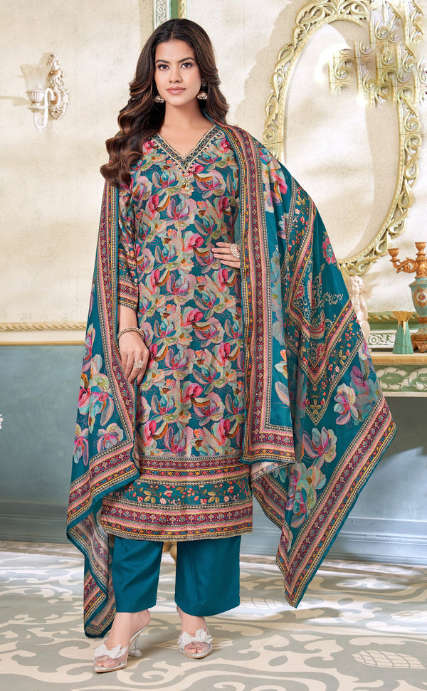 Maslin Silk Floral Printed Salwar Kameez Set with Hand Work