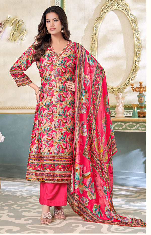 Maslin Silk Floral Printed Salwar Kameez Set with Hand Work