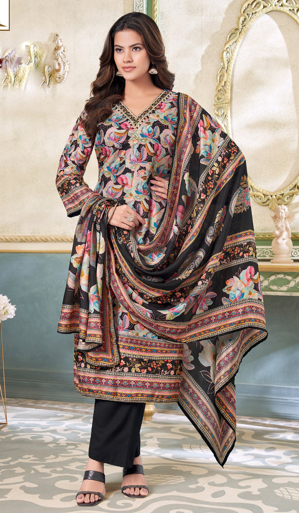 Maslin Silk Floral Printed Salwar Kameez Set with Hand Work