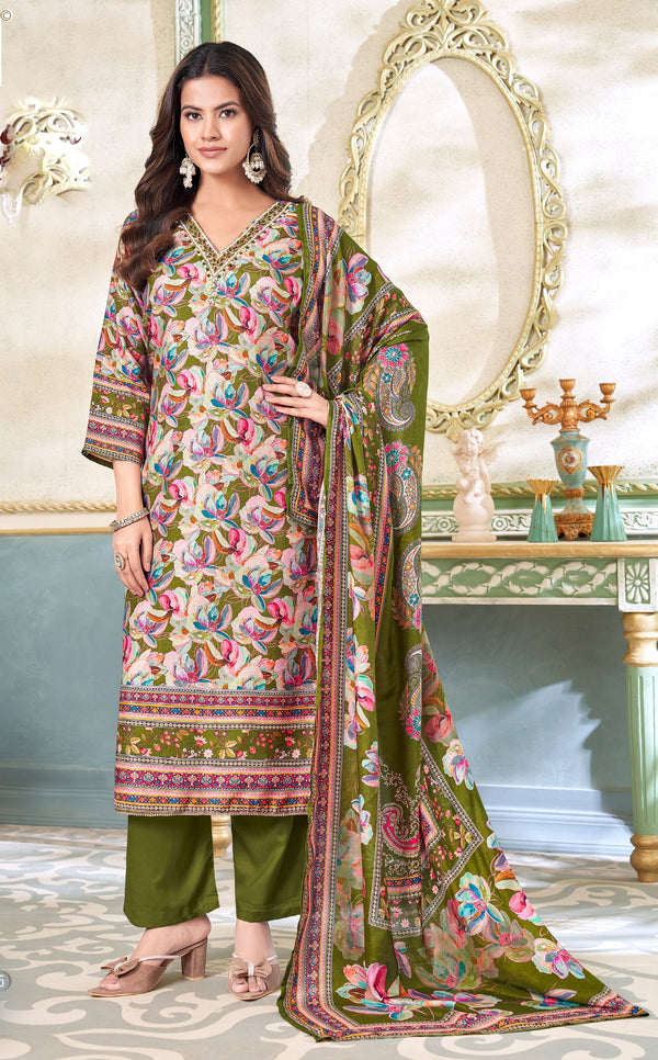 Maslin Silk Floral Printed Salwar Kameez Set with Hand Work