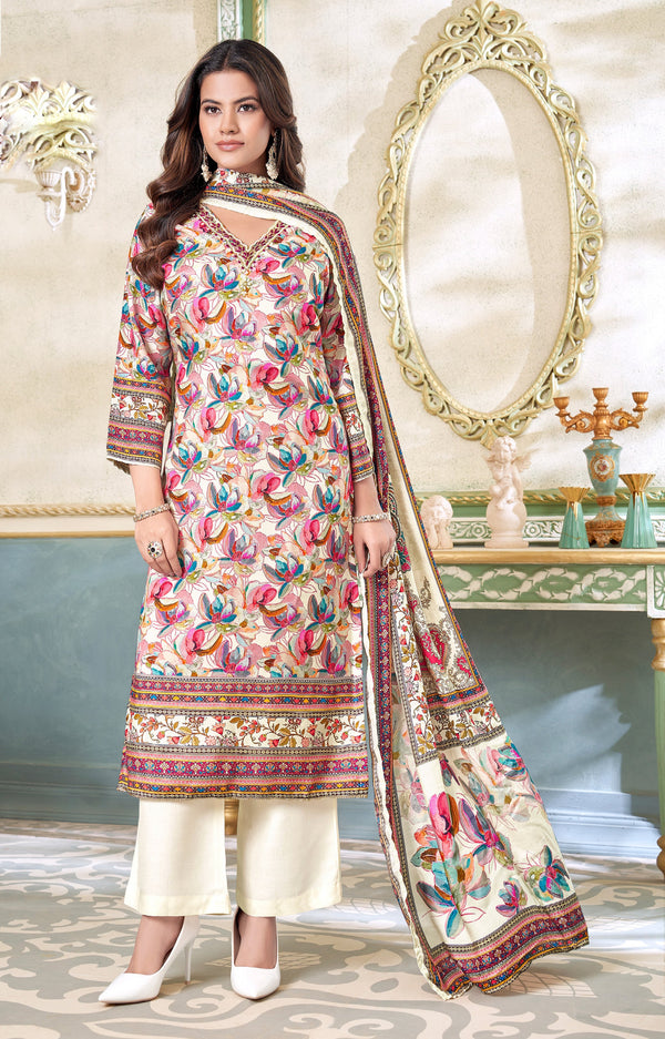 Maslin Silk Floral Printed Salwar Kameez Set with Hand Work