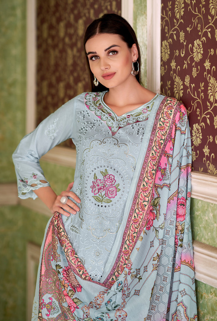 Ladyline Eyelet Chikankari Embroidered Lawn Cotton Salwar Kameez with Printed Dupatta | Designer Kurta with Pants Set | Festive & Party Wear Suits Set