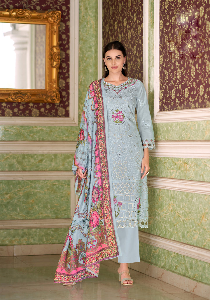 Ladyline Eyelet Chikankari Embroidered Lawn Cotton Salwar Kameez with Printed Dupatta | Designer Kurta with Pants Set | Festive & Party Wear Suits Set