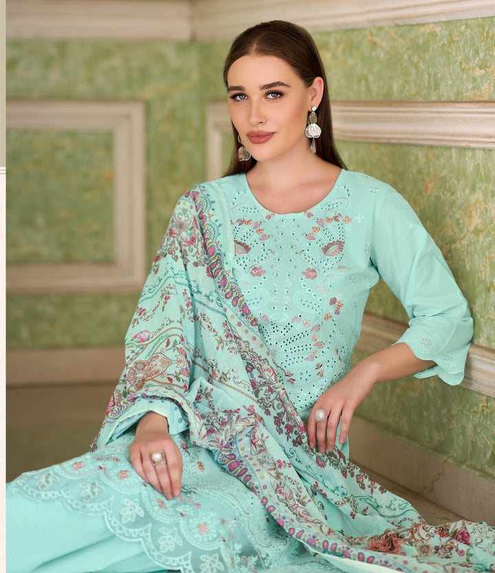 Ladyline Eyelet Chikankari Embroidered Lawn Cotton Salwar Kameez with Printed Dupatta | Designer Kurta with Pants Set | Festive & Party Wear Suits Set