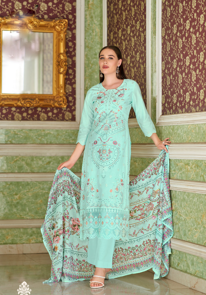 Ladyline Eyelet Chikankari Embroidered Lawn Cotton Salwar Kameez with Printed Dupatta | Designer Kurta with Pants Set | Festive & Party Wear Suits Set
