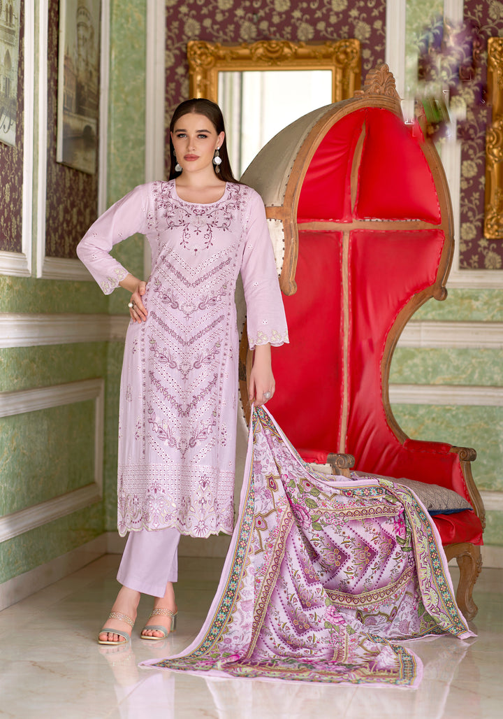 Ladyline Eyelet Chikankari Embroidered Lawn Cotton Salwar Kameez with Printed Dupatta | Designer Kurta with Pants Set | Festive & Party Wear Suits Set