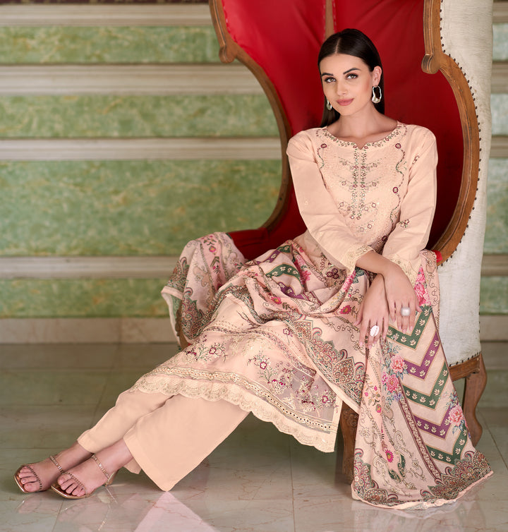 Ladyline Eyelet Chikankari Embroidered Lawn Cotton Salwar Kameez with Printed Dupatta | Designer Kurta with Pants Set | Festive & Party Wear Suits Set