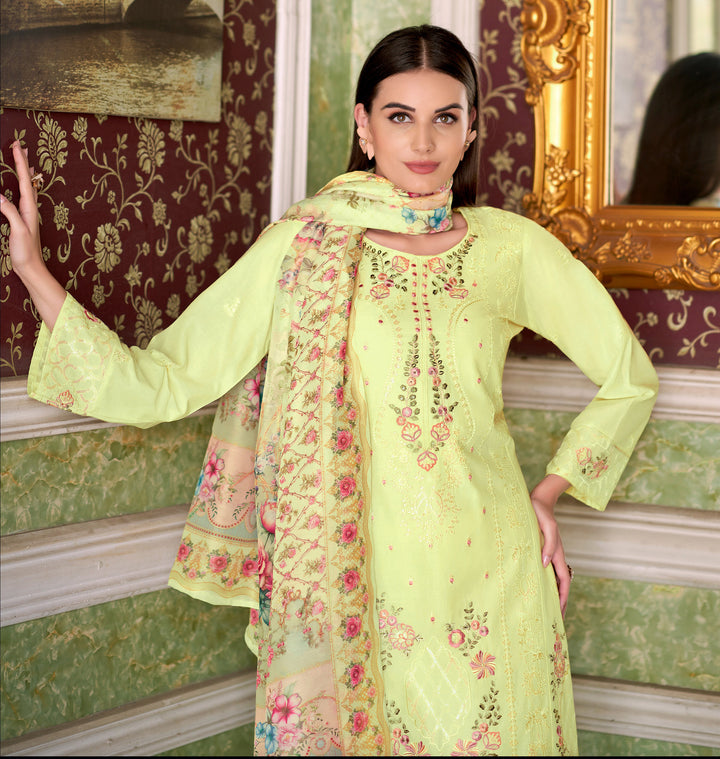 Ladyline Eyelet Chikankari Embroidered Lawn Cotton Salwar Kameez with Printed Dupatta | Designer Kurta with Pants Set | Festive & Party Wear Suits Set