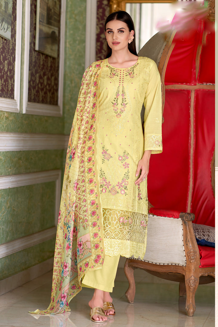 Ladyline Eyelet Chikankari Embroidered Lawn Cotton Salwar Kameez with Printed Dupatta | Designer Kurta with Pants Set | Festive & Party Wear Suits Set
