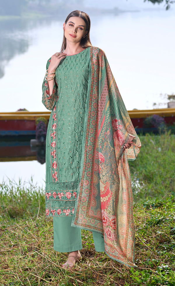Embroidered Viscose Silk Salwar Kameez Set with Palazzo Pants & Printed Dupatta