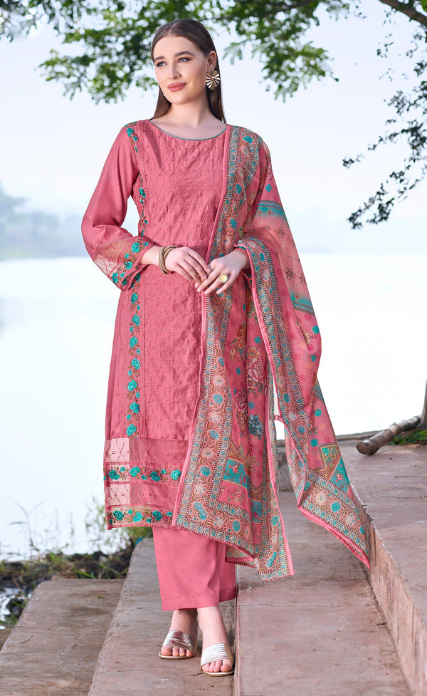 Embroidered Viscose Silk Salwar Kameez Set with Palazzo Pants & Printed Dupatta
