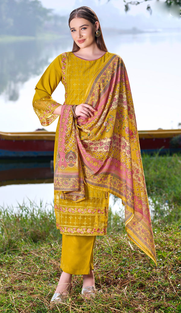 Embroidered Viscose Silk Salwar Kameez Set with Palazzo Pants & Printed Dupatta