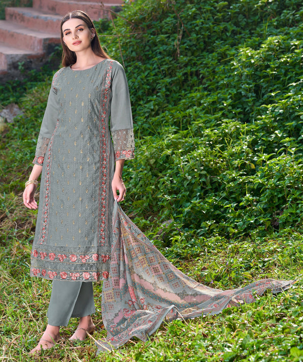 Embroidered Viscose Silk Salwar Kameez Set with Palazzo Pants & Printed Dupatta