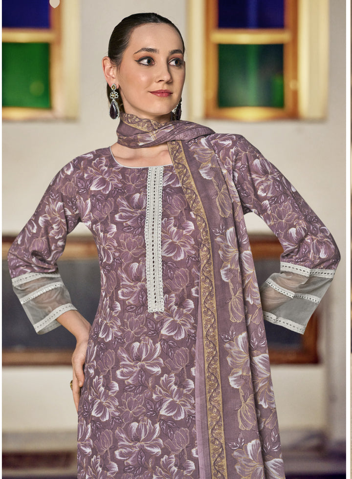Ladyline Women's Casual Cotton Salwar Kameez Suit Set – Printed Straight Kurta with Organza Lace Border, Straight Pants & Dupatta – Ready to Wear Indian Ethnic Outfit