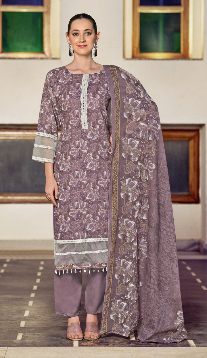 Ladyline Women's Casual Cotton Salwar Kameez Suit Set – Printed Straight Kurta with Organza Lace Border, Straight Pants & Dupatta – Ready to Wear Indian Ethnic Outfit