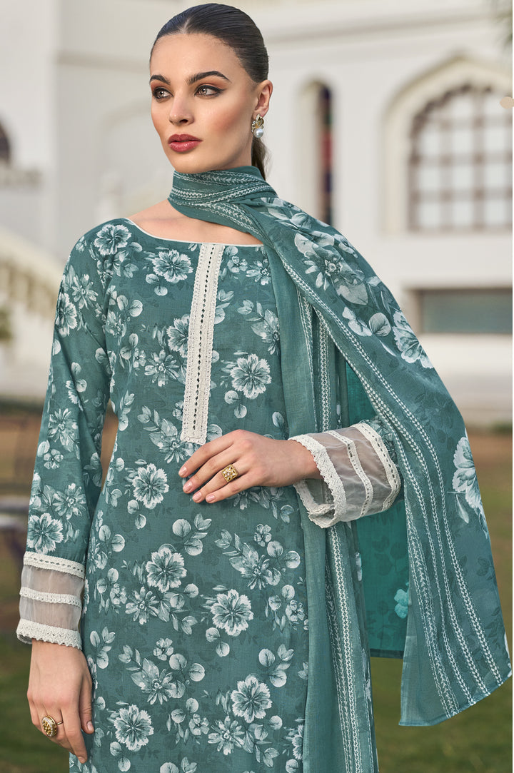 Ladyline Women's Casual Cotton Salwar Kameez Suit Set – Printed Straight Kurta with Organza Lace Border, Straight Pants & Dupatta – Ready to Wear Indian Ethnic Outfit