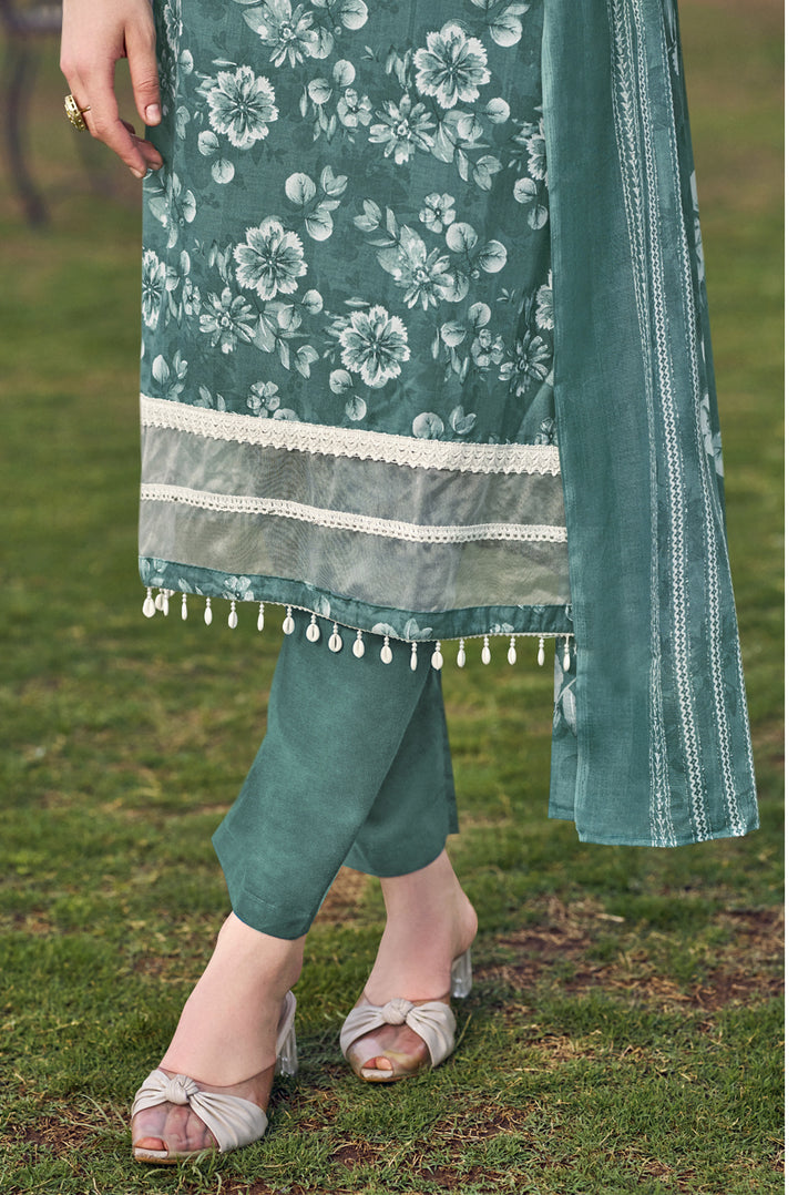 Ladyline Women's Casual Cotton Salwar Kameez Suit Set – Printed Straight Kurta with Organza Lace Border, Straight Pants & Dupatta – Ready to Wear Indian Ethnic Outfit