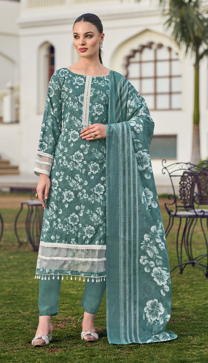 Ladyline Women's Casual Cotton Salwar Kameez Suit Set – Printed Straight Kurta with Organza Lace Border, Straight Pants & Dupatta – Ready to Wear Indian Ethnic Outfit