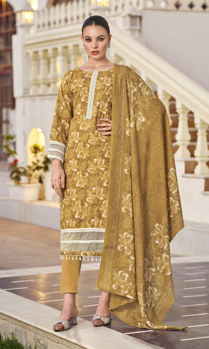 Ladyline Women's Casual Cotton Salwar Kameez Suit Set – Printed Straight Kurta with Organza Lace Border, Straight Pants & Dupatta – Ready to Wear Indian Ethnic Outfit