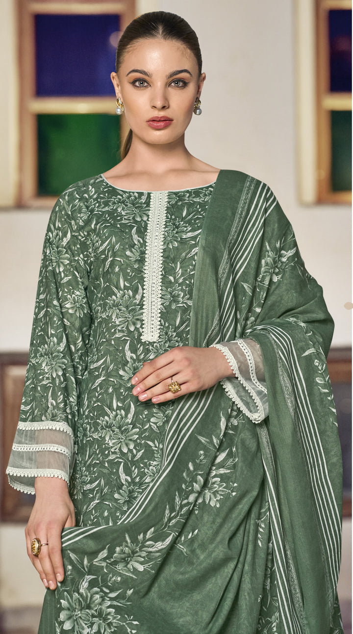 Ladyline Women's Casual Cotton Salwar Kameez Suit Set – Printed Straight Kurta with Organza Lace Border, Straight Pants & Dupatta – Ready to Wear Indian Ethnic Outfit