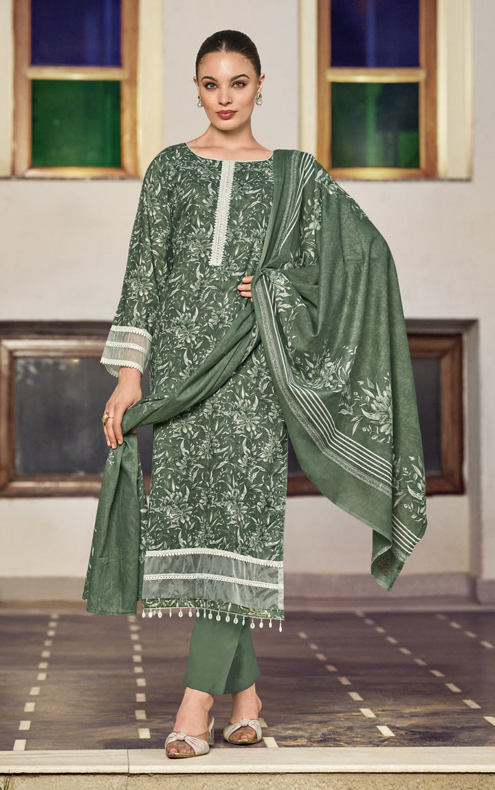 Ladyline Women's Casual Cotton Salwar Kameez Suit Set – Printed Straight Kurta with Organza Lace Border, Straight Pants & Dupatta – Ready to Wear Indian Ethnic Outfit