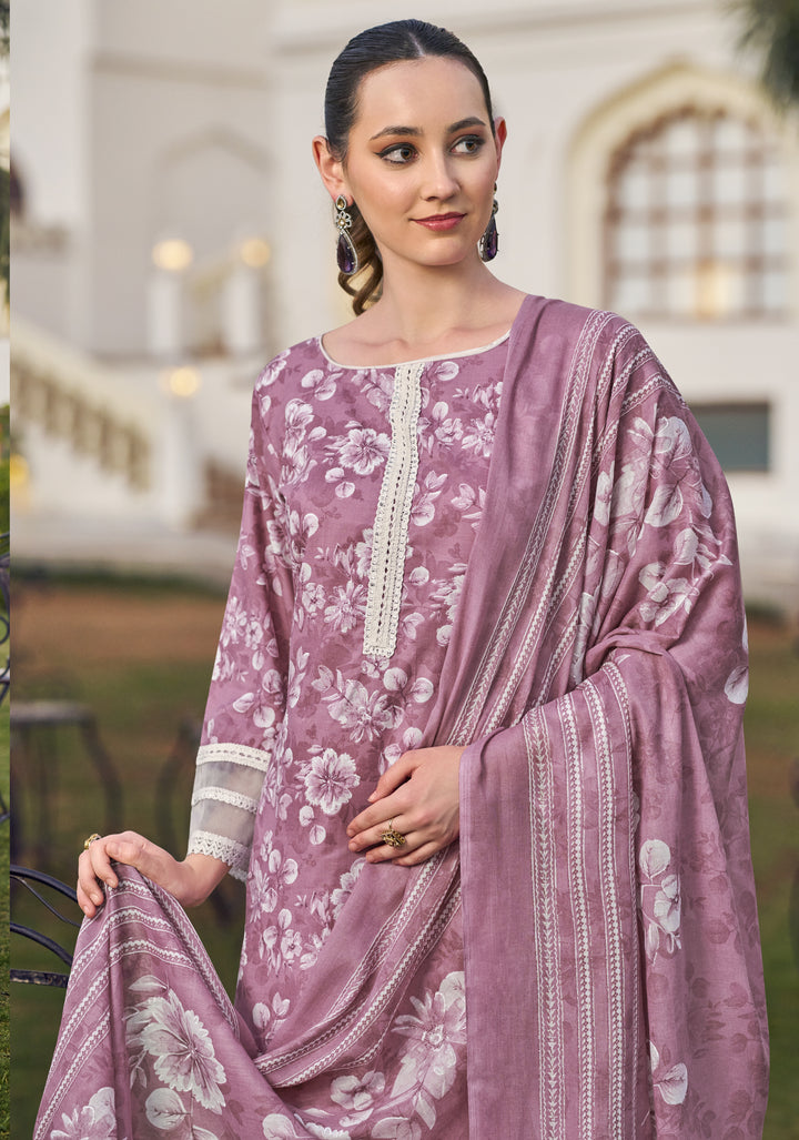 Ladyline Women's Casual Cotton Salwar Kameez Suit Set – Printed Straight Kurta with Organza Lace Border, Straight Pants & Dupatta – Ready to Wear Indian Ethnic Outfit