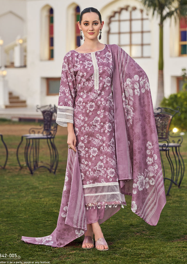 Ladyline Women's Casual Cotton Salwar Kameez Suit Set – Printed Straight Kurta with Organza Lace Border, Straight Pants & Dupatta – Ready to Wear Indian Ethnic Outfit