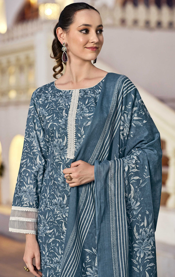 Ladyline Women's Casual Cotton Salwar Kameez Suit Set – Printed Straight Kurta with Organza Lace Border, Straight Pants & Dupatta – Ready to Wear Indian Ethnic Outfit