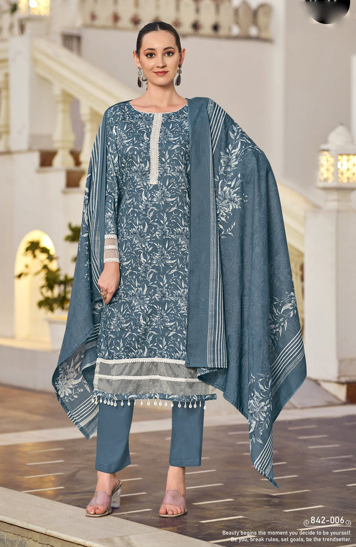 Ladyline Women's Casual Cotton Salwar Kameez Suit Set – Printed Straight Kurta with Organza Lace Border, Straight Pants & Dupatta – Ready to Wear Indian Ethnic Outfit