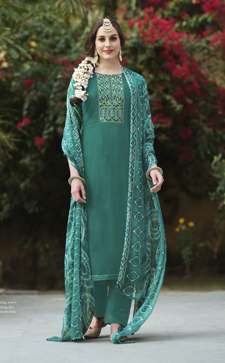 Ladyline Women's Rayon Salwar Kameez - Kurta Set with Printed Back, Embroidered Neck, Straight Pants & Chiffon Dupatta | Indian Pakistani Ethnic Wear Dress
