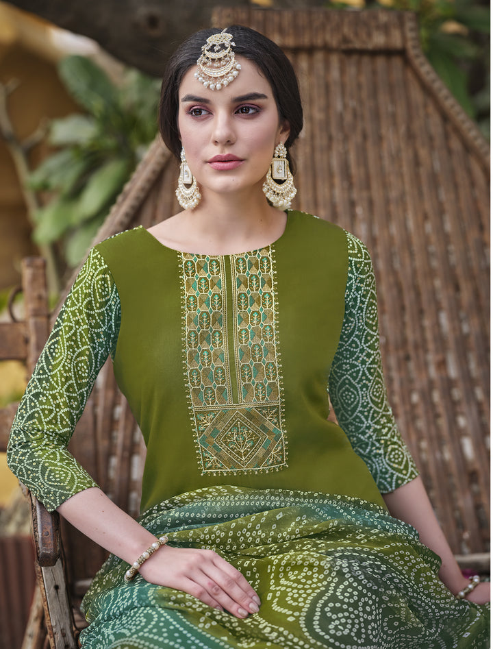 Ladyline Women's Rayon Salwar Kameez - Kurta Set with Printed Back, Embroidered Neck, Straight Pants & Chiffon Dupatta | Indian Pakistani Ethnic Wear Dress