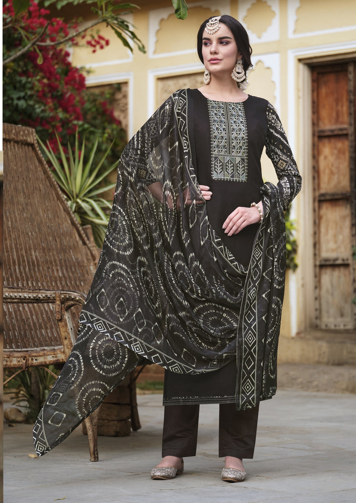 Ladyline Women's Rayon Salwar Kameez - Kurta Set with Printed Back, Embroidered Neck, Straight Pants & Chiffon Dupatta | Indian Pakistani Ethnic Wear Dress