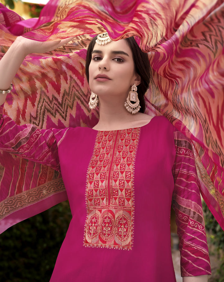 Ladyline Women's Rayon Salwar Kameez - Kurta Set with Printed Back, Embroidered Neck, Straight Pants & Chiffon Dupatta | Indian Pakistani Ethnic Wear Dress