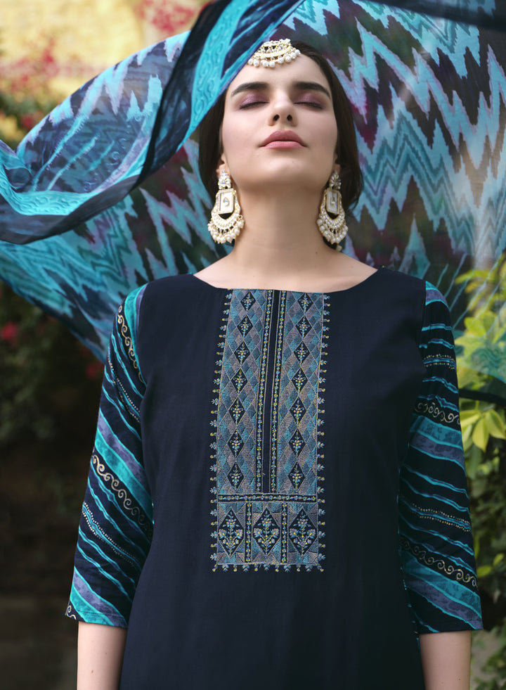 Ladyline Women's Rayon Salwar Kameez - Kurta Set with Printed Back, Embroidered Neck, Straight Pants & Chiffon Dupatta | Indian Pakistani Ethnic Wear Dress