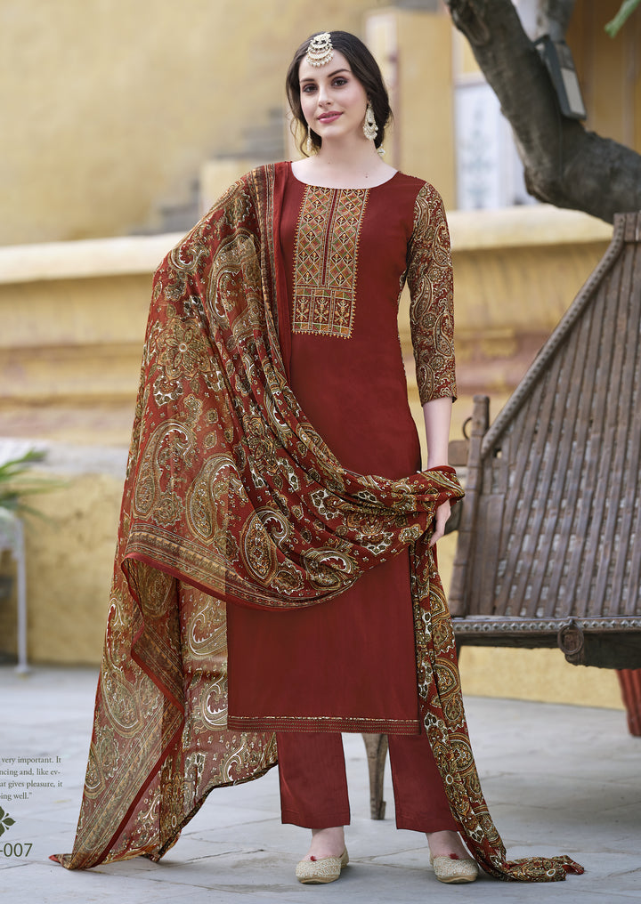 Ladyline Women's Rayon Salwar Kameez - Kurta Set with Printed Back, Embroidered Neck, Straight Pants & Chiffon Dupatta | Indian Pakistani Ethnic Wear Dress