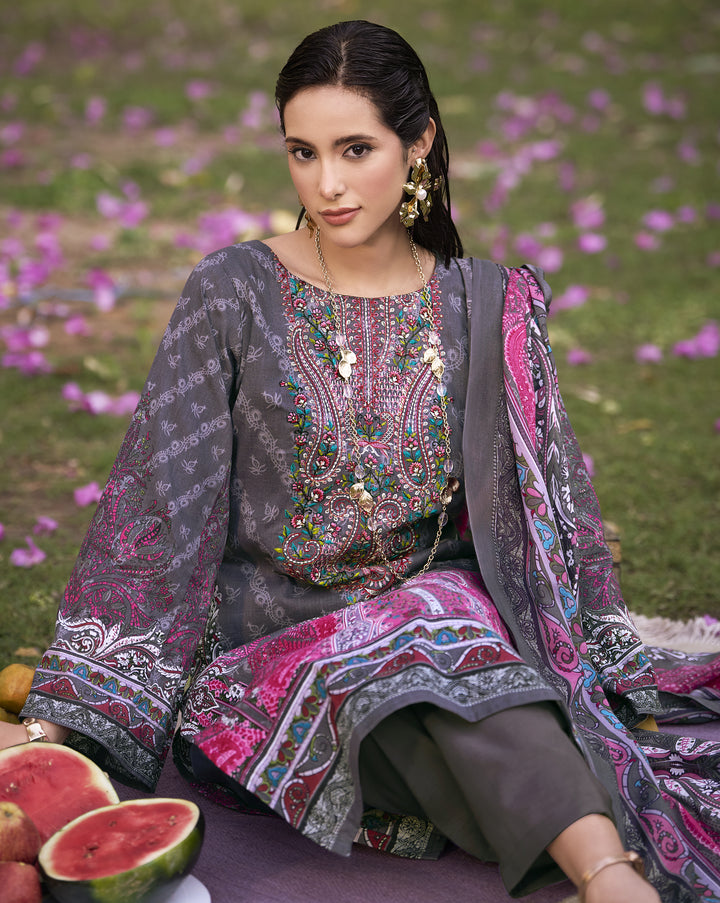 Ladyline 100% Cotton Pakistani Printed Embroidered Salwar Kameez Suit for Women with Mal Dupatta