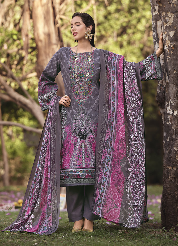 Ladyline 100% Cotton Pakistani Printed Embroidered Salwar Kameez Suit for Women with Mal Dupatta