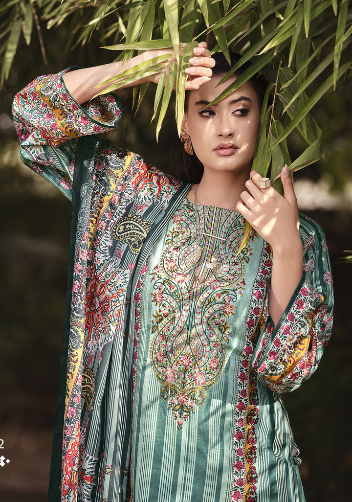 Ladyline 100% Cotton Pakistani Printed Embroidered Salwar Kameez Suit for Women with Mal Dupatta