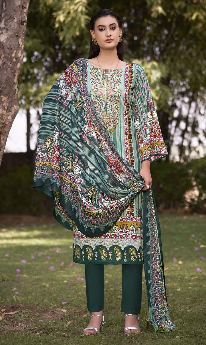 Ladyline 100% Cotton Pakistani Printed Embroidered Salwar Kameez Suit for Women with Mal Dupatta
