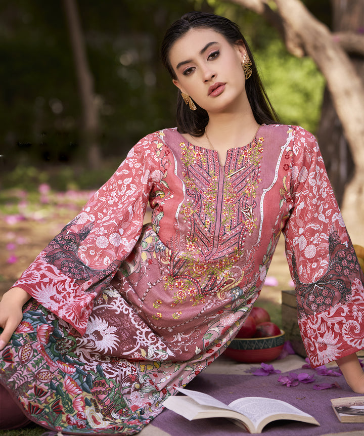 Ladyline 100% Cotton Pakistani Printed Embroidered Salwar Kameez Suit for Women with Mal Dupatta