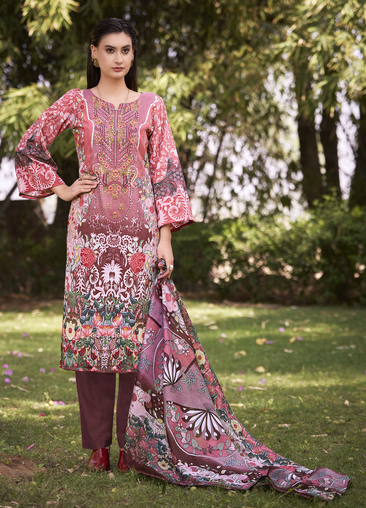 Ladyline 100% Cotton Pakistani Printed Embroidered Salwar Kameez Suit for Women with Mal Dupatta