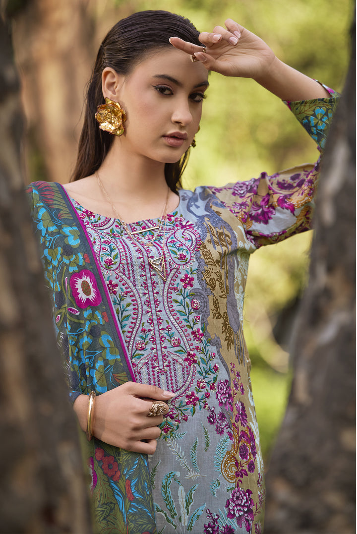 Ladyline 100% Cotton Pakistani Printed Embroidered Salwar Kameez Suit for Women with Mal Dupatta