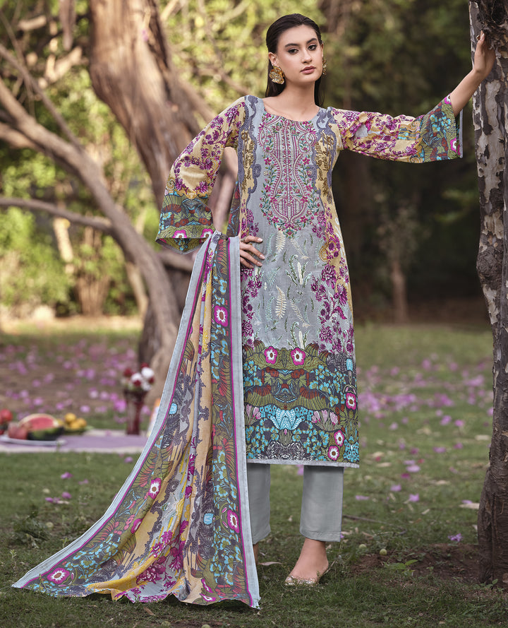 Ladyline 100% Cotton Pakistani Printed Embroidered Salwar Kameez Suit for Women with Mal Dupatta