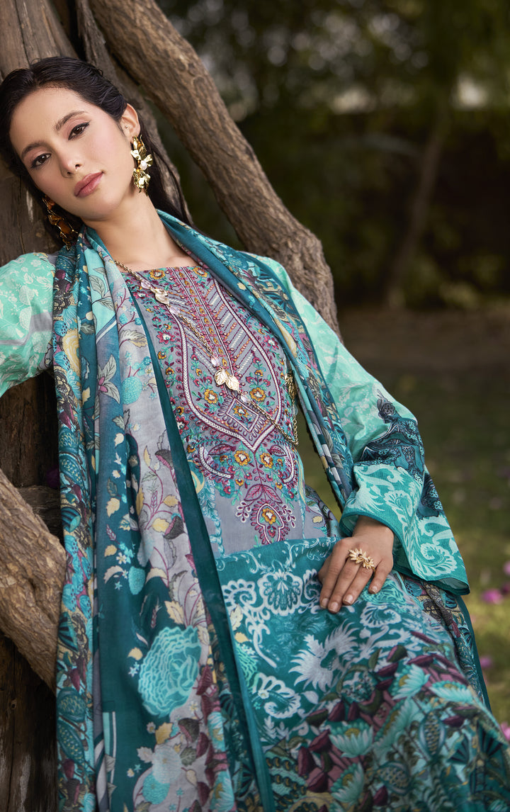Ladyline 100% Cotton Pakistani Printed Embroidered Salwar Kameez Suit for Women with Mal Dupatta