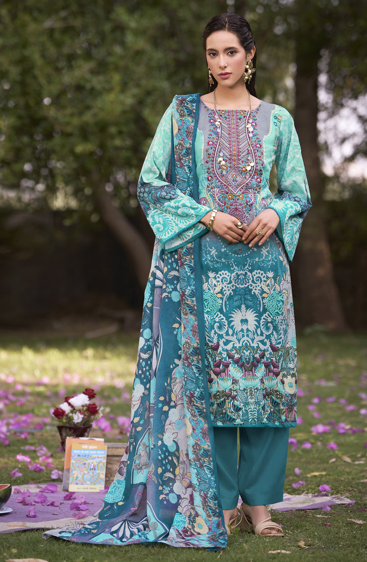 Ladyline 100% Cotton Pakistani Printed Embroidered Salwar Kameez Suit for Women with Mal Dupatta