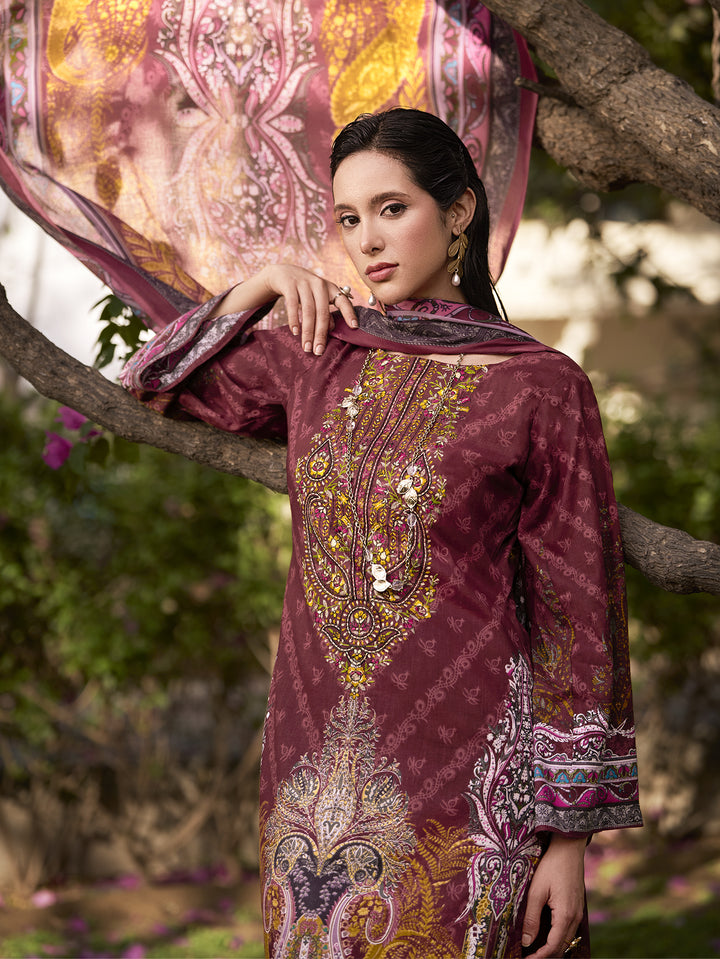 Ladyline 100% Cotton Pakistani Printed Embroidered Salwar Kameez Suit for Women with Mal Dupatta